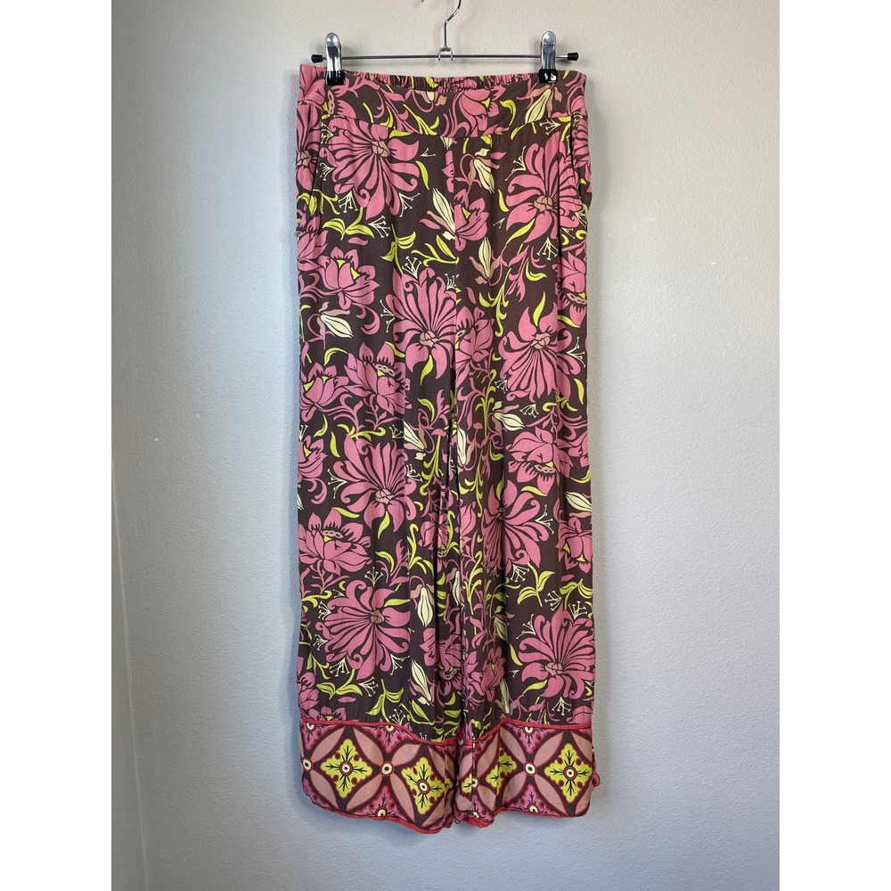 Haute Hippie Style Pants Pink Brown Floral Wide Leg Cropped Rayon Boho Small